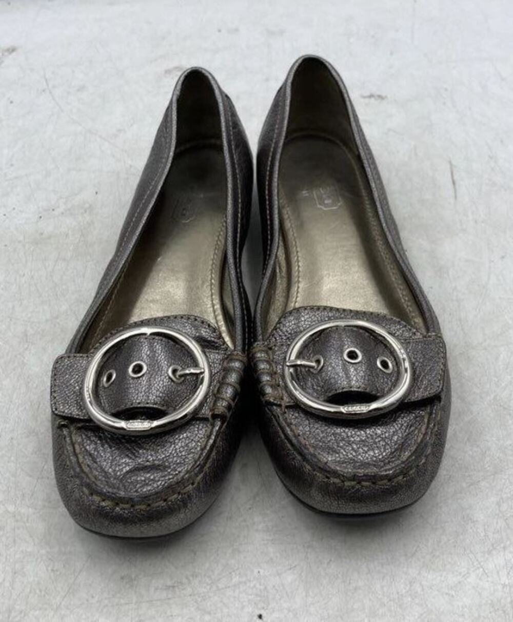Coach Karly Womens Metallic Pewter Leather Buckle Slip On Loafer Flats Shoes 8